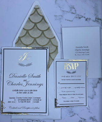 Gold and white art deco wedding invitations by D. Johnson & Co Greetings