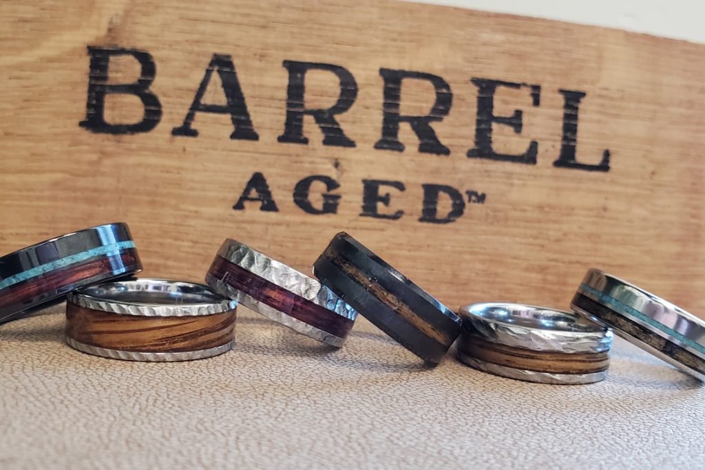 Barrel-aged wedding bands by Arthur's Jewelers wedding band trends