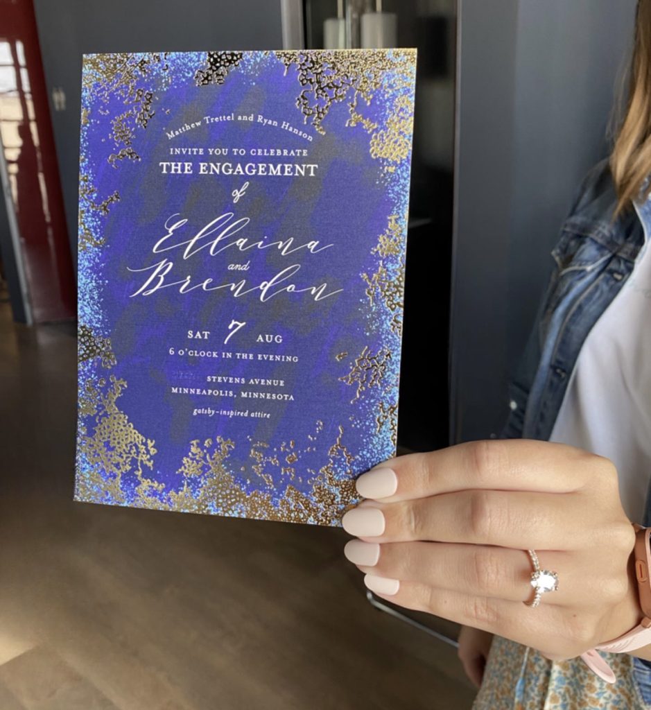 Deep blue and gold themed engagement party invitation