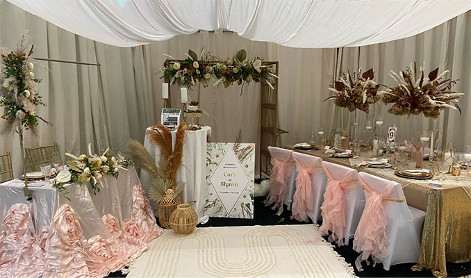 Pink boho wedding decor by Rison Design