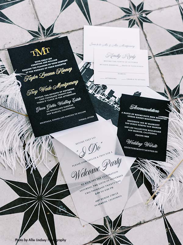 Black and white classic wedding invitation suite