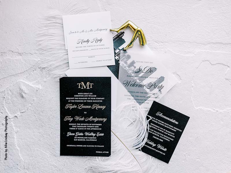 Black and white wedding stationery with skyline silhouette