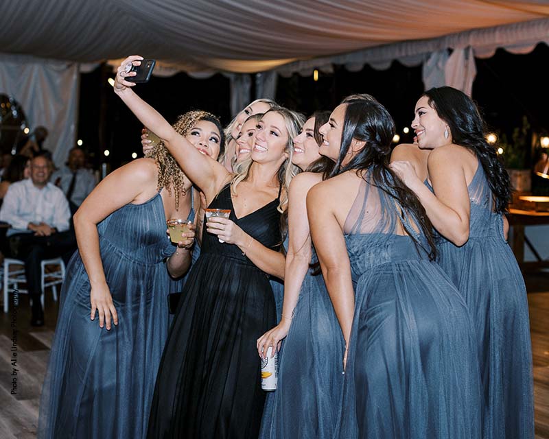 Bridal party in gray and black dresses pose for a picture