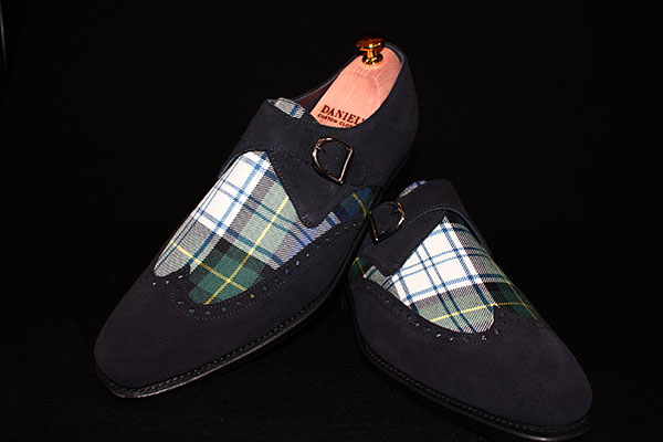 Black Men's dress shoes with custom plaid pattern by Daniel's Custom Clothing