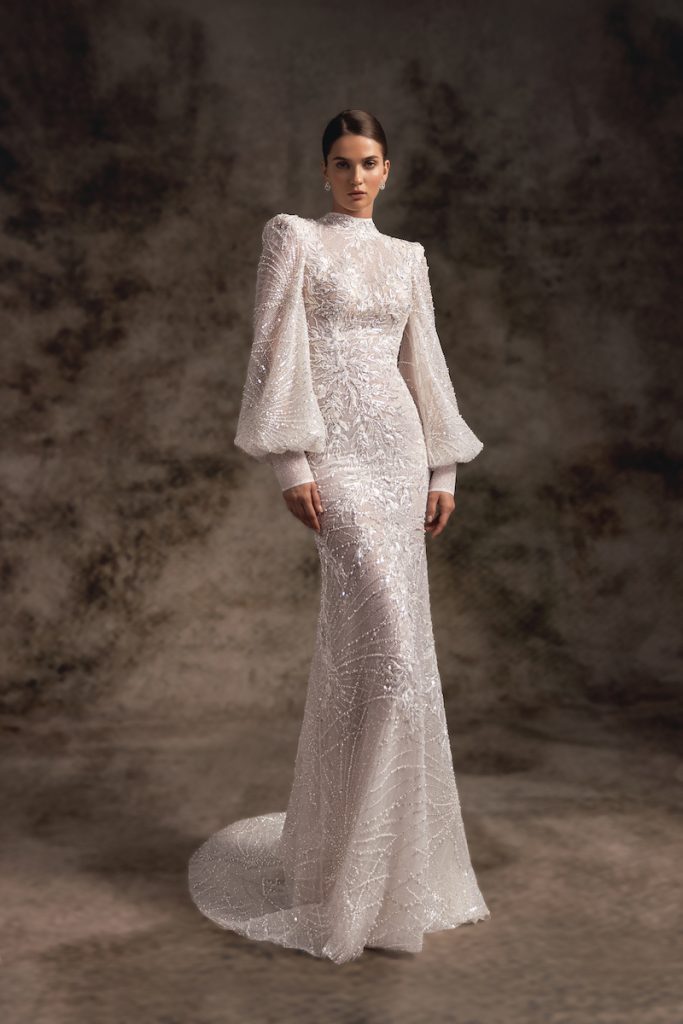 Long-sleeve mock neck bridal gown for 2023 wedding fashion 