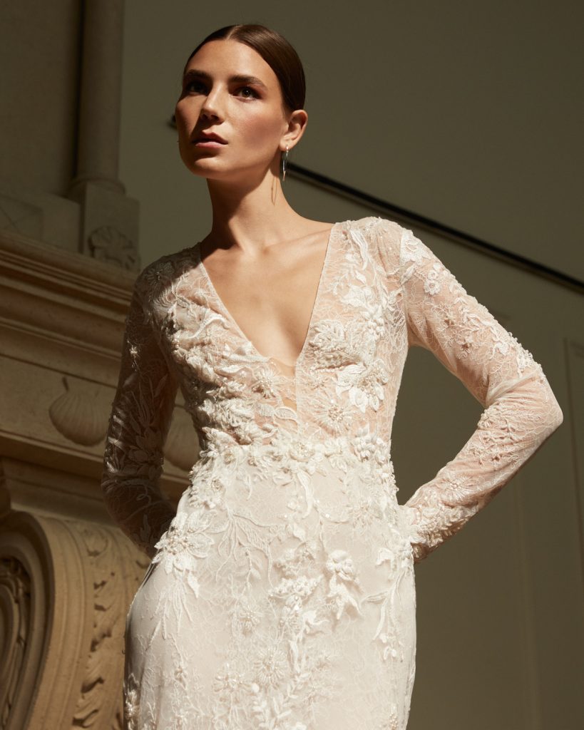 Long-sleeve wedding gown with v-neck