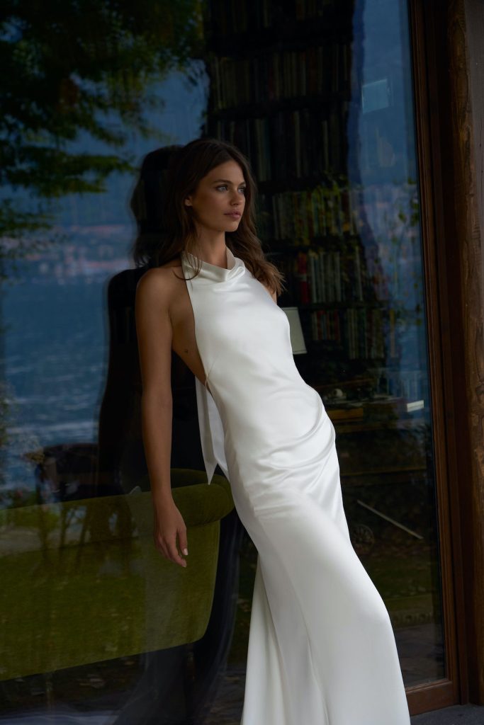 Halter bridal gown with satin fabric