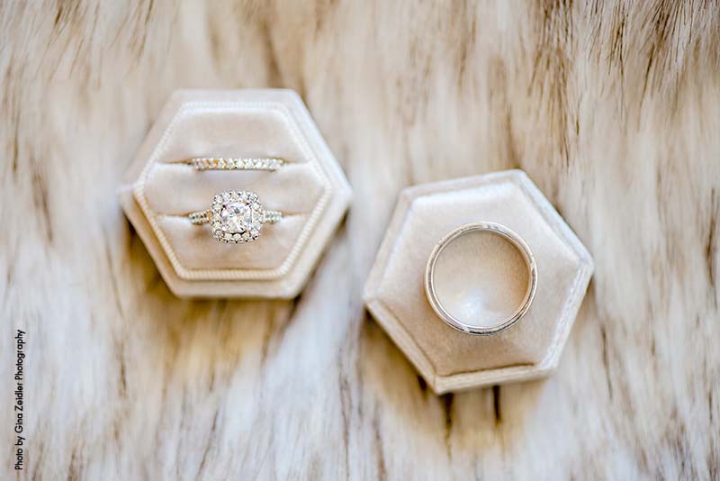 Wedding rings in champagne velvet box
