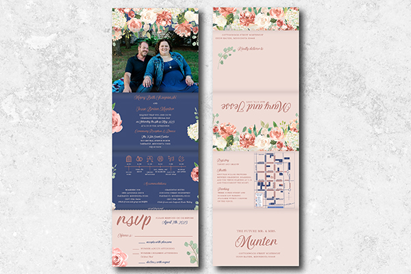 Navy and blush fold-up wedding invitations by The UPS Store