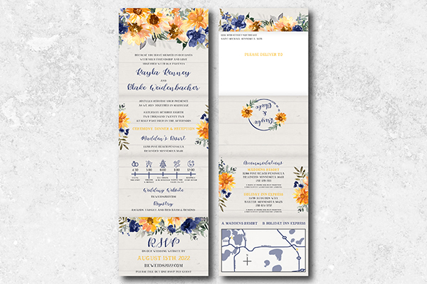 Tan fold-up wedding invitations with floral motif by The UPS Store
