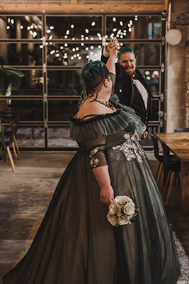 Bride in black wedding dress
