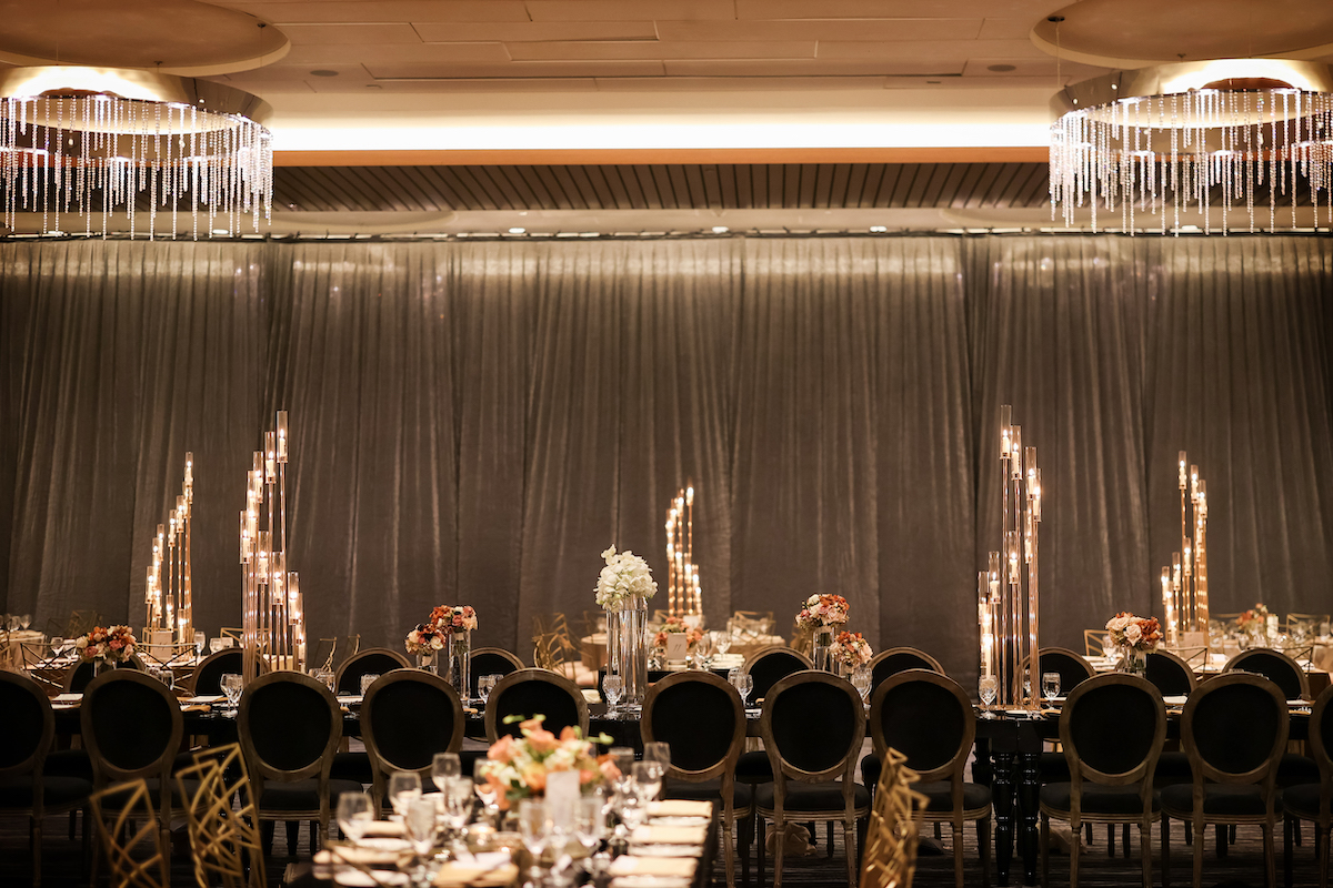 Elegant, low-lit wedding reception in the fall 