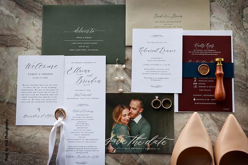 Fall wedding invitation suite with deep green and burgundy colors