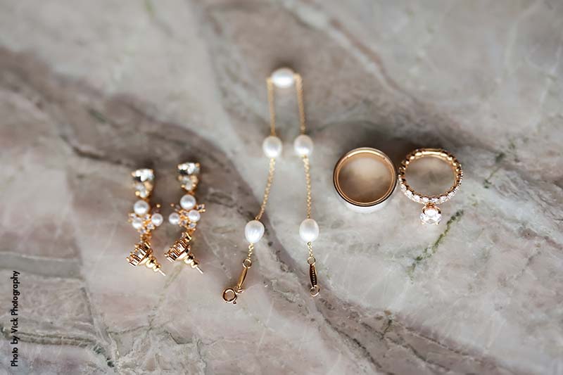 Wedding bridal pearl earrings, necklace, and rings
