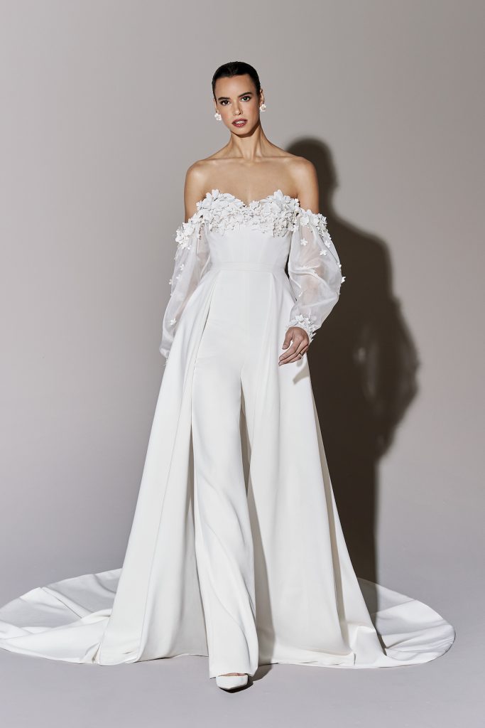 Bridal jumpsuit with floral top, detachable sleeves, and removable skirt