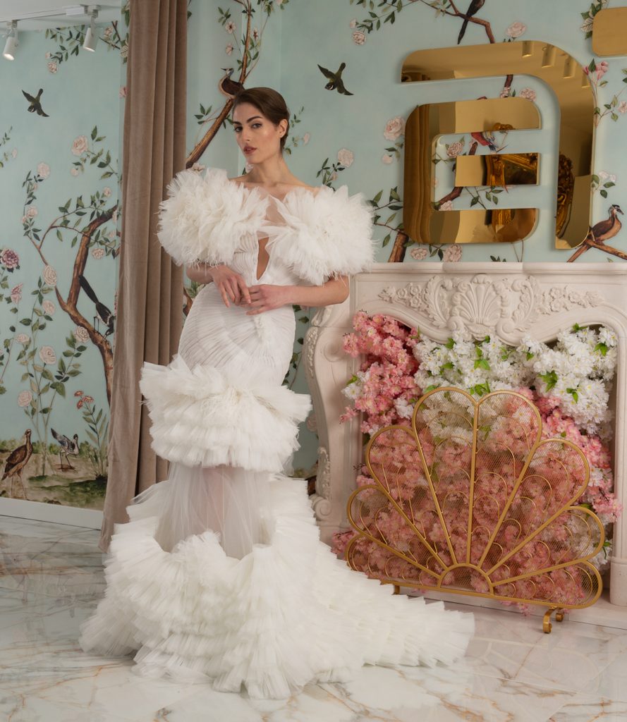 Bridal gown with ruffled tiers