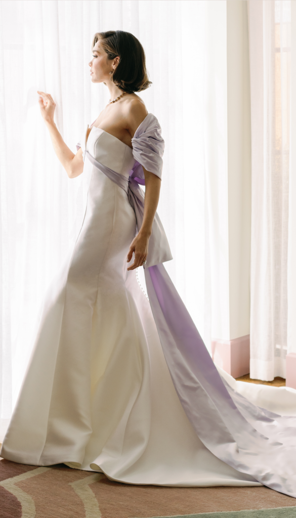 Wedding dress with lavender bow