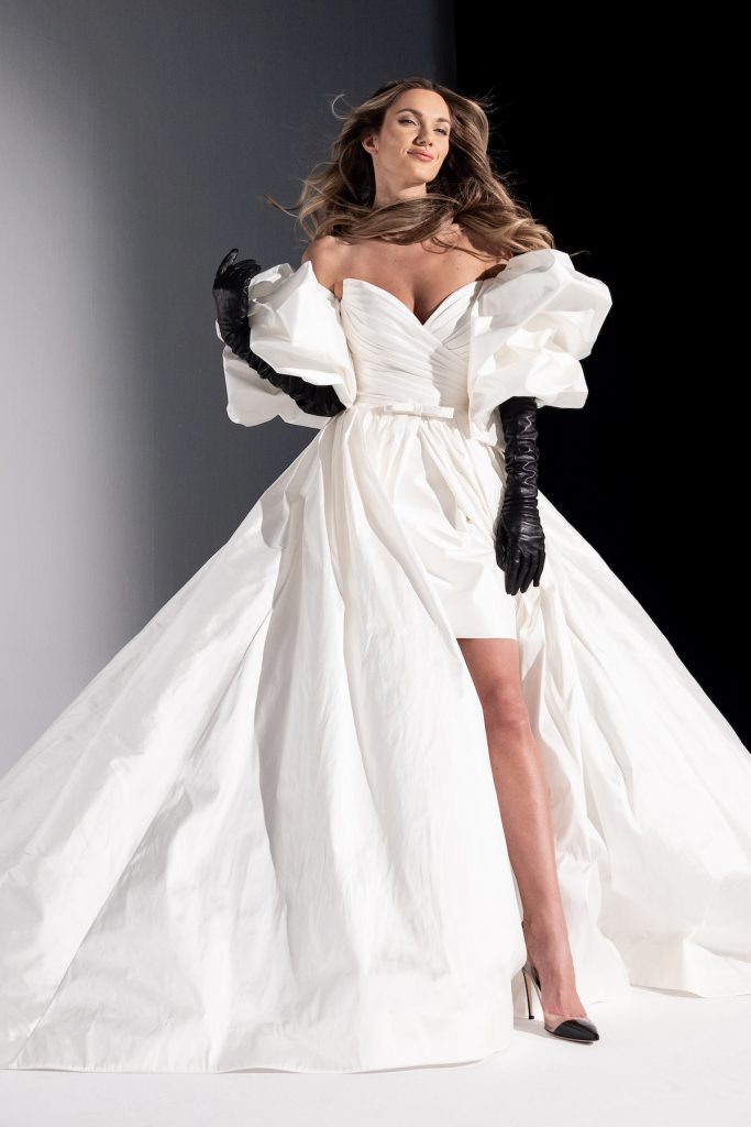 Bridal ballgown with black leather gloves