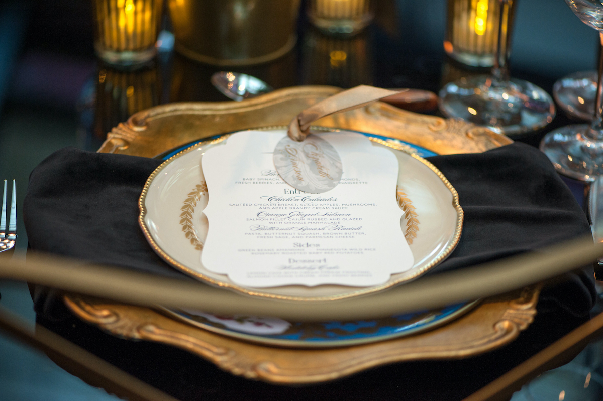 Antique wedding place setting for modern baroque wedding theme